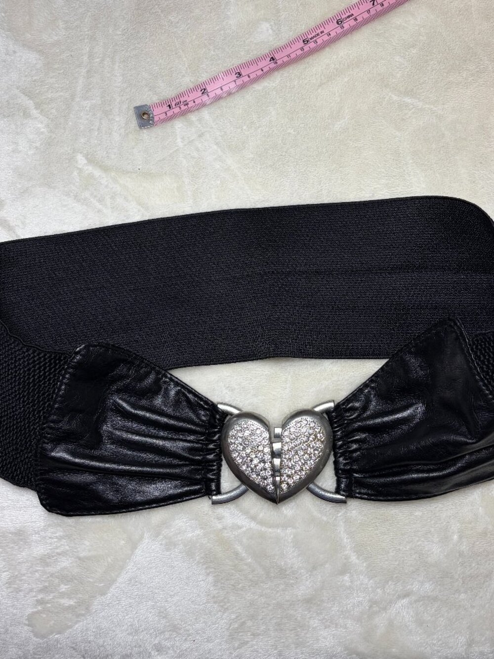 y2K Indie Sleaze Black Wide Elastic Waist Belt Rhinestone Heart Clasp McBling L